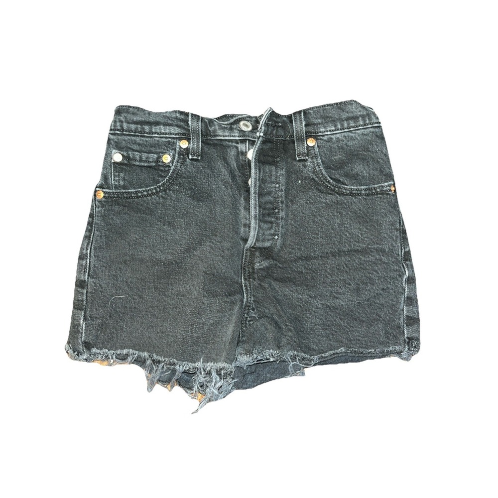 Levis Premium Ribcage High Rise Denim Shorts Black Raw Hem Button Fly 25